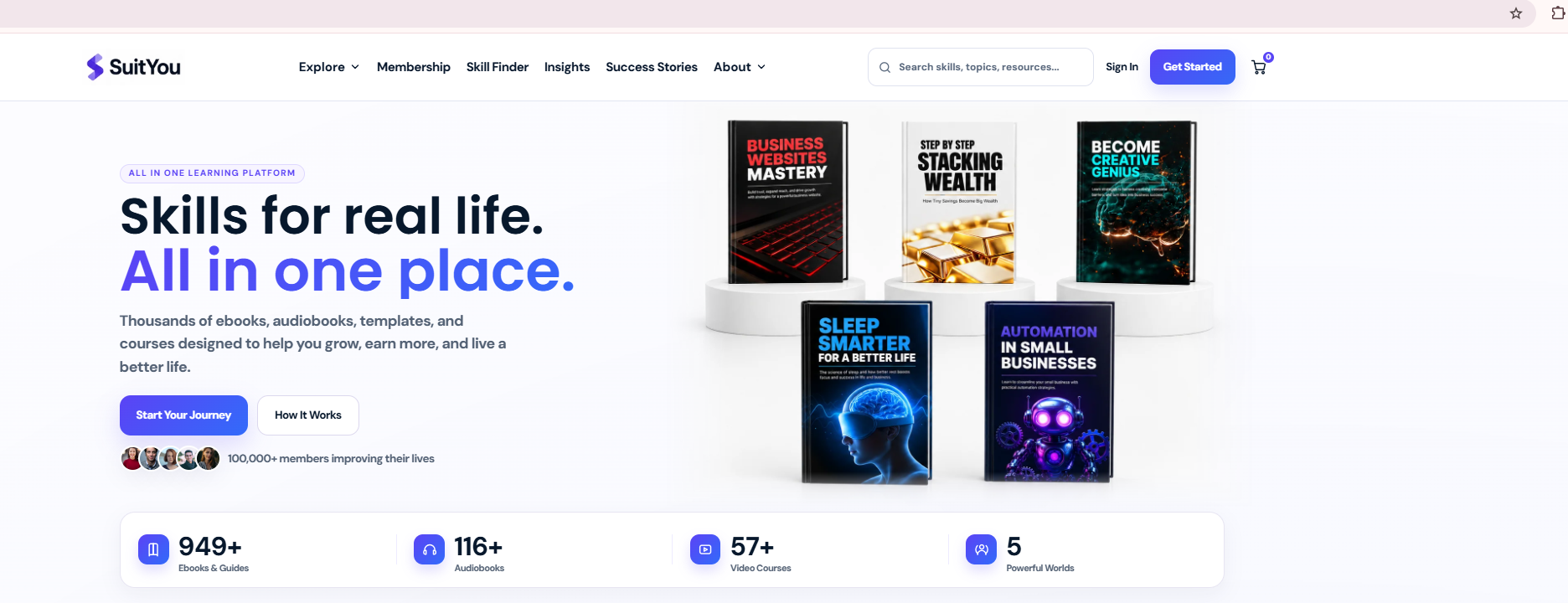 SuitYou learning platform with books for business, money, creativity, wellbeing, and AI
