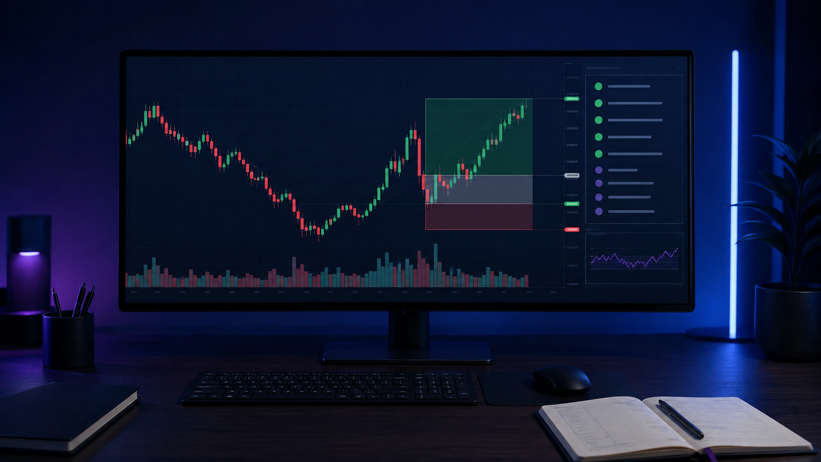Trading workstation showing an execution plan with entry, stop-loss, take-profit, and risk controls