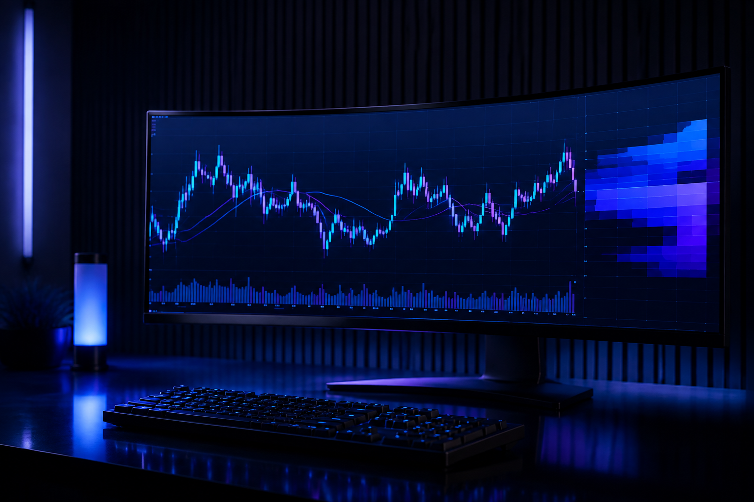 Dark professional trading workstation with a curved ultrawide market monitor