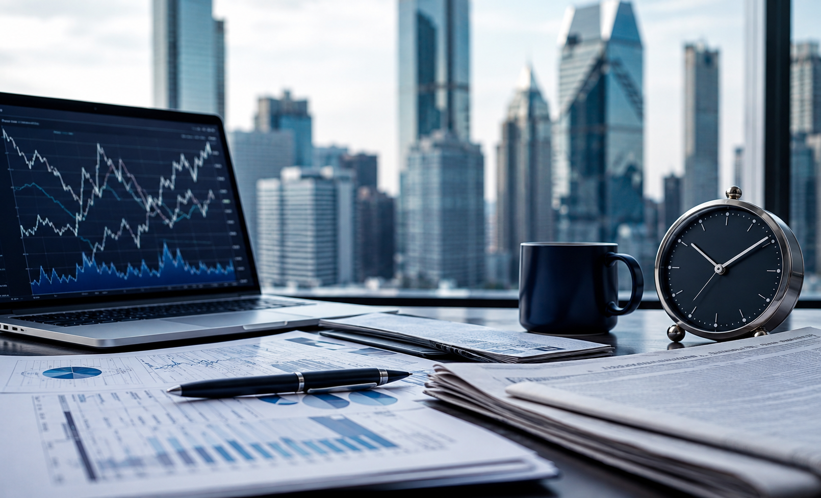 Financial news desk with market charts and a clock